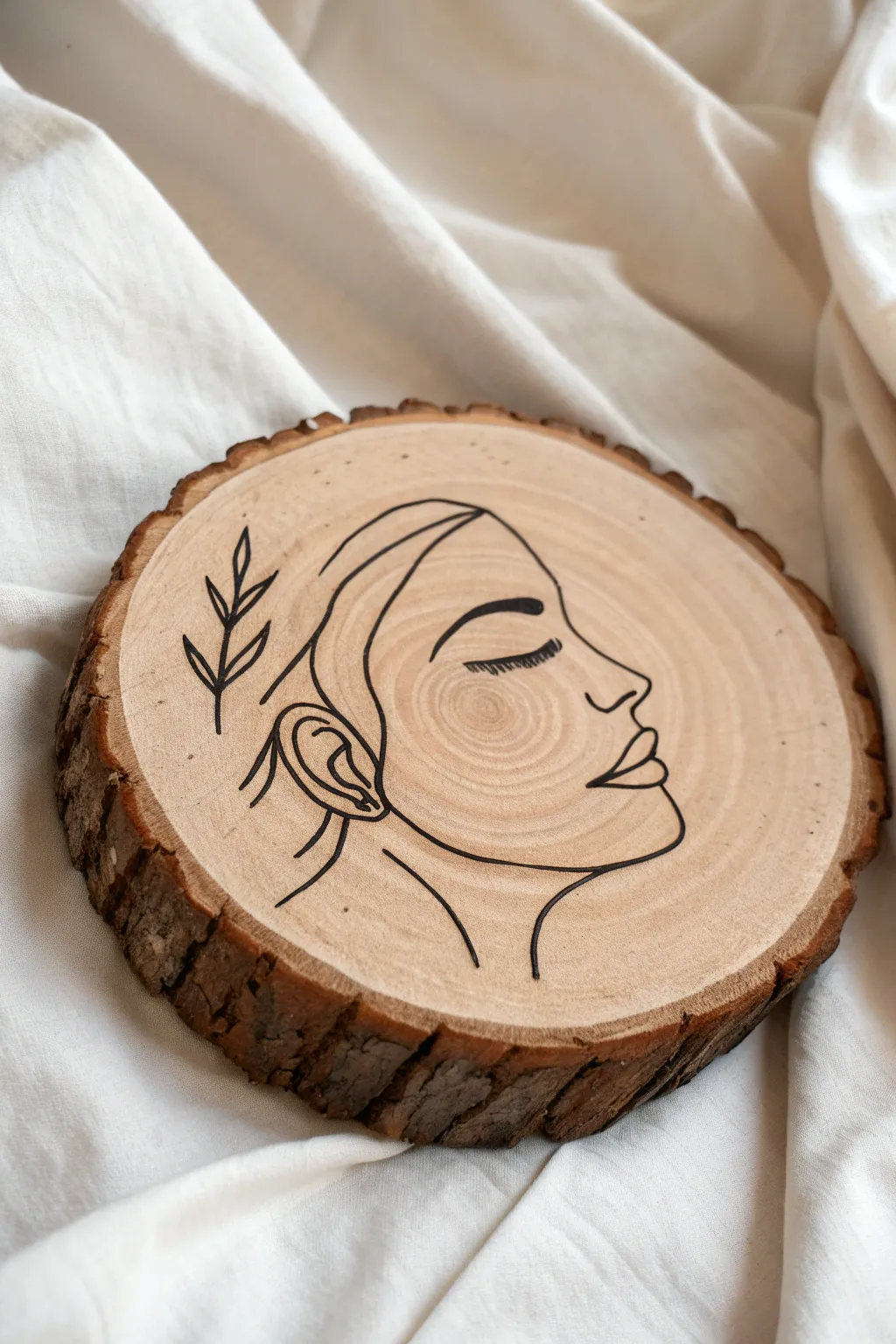 Minimal one-line face on a wood circle with soft wash and bold black contrast, calm boho vibes