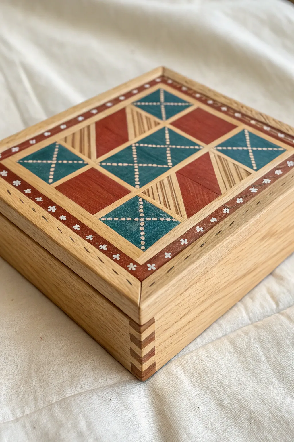 Painted faux inlay on a simple wood lid, crisp lines and bold color made easy with pens