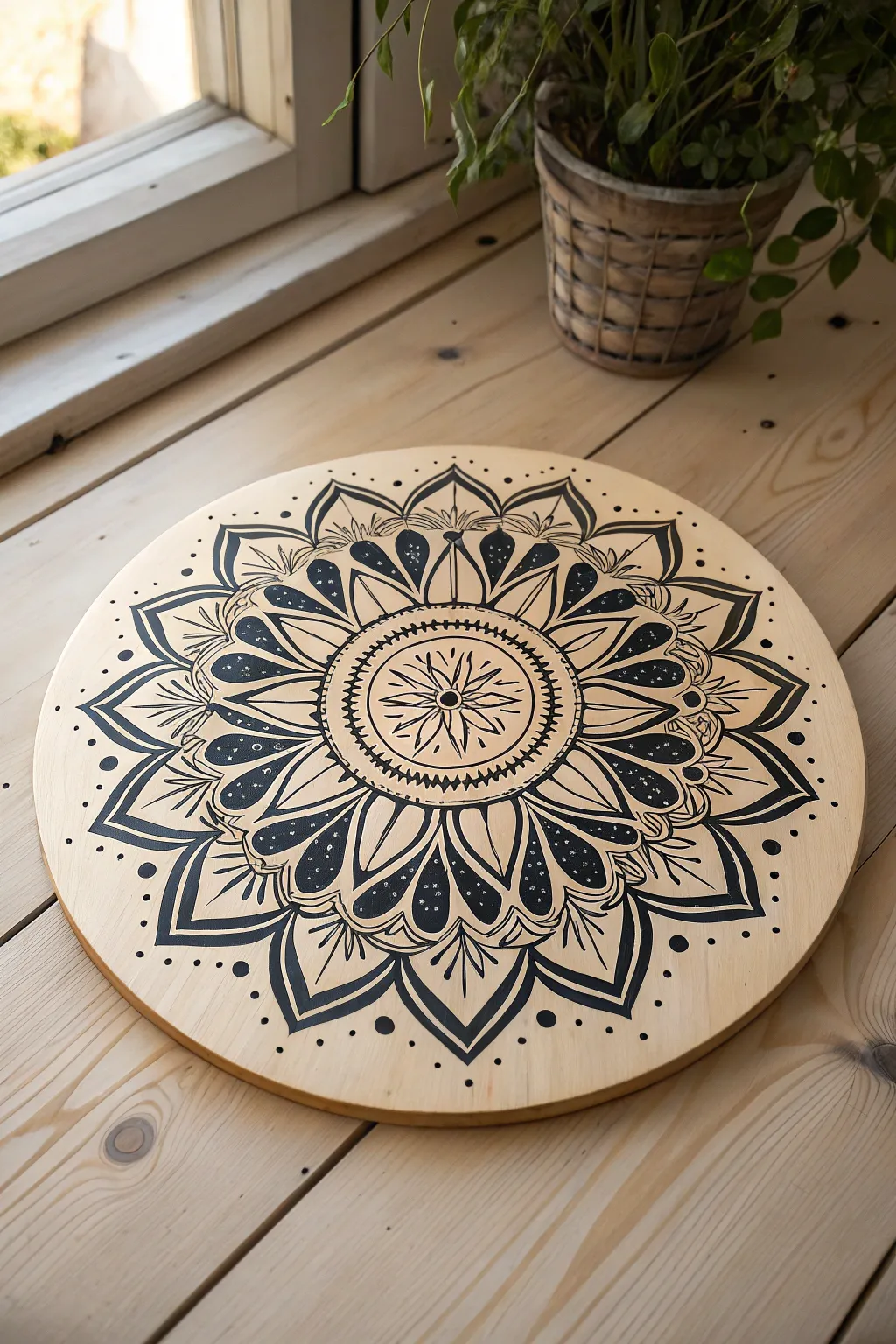 Center-out mandala on warm wood grain with bold dots and petals for minimal boho contrast.