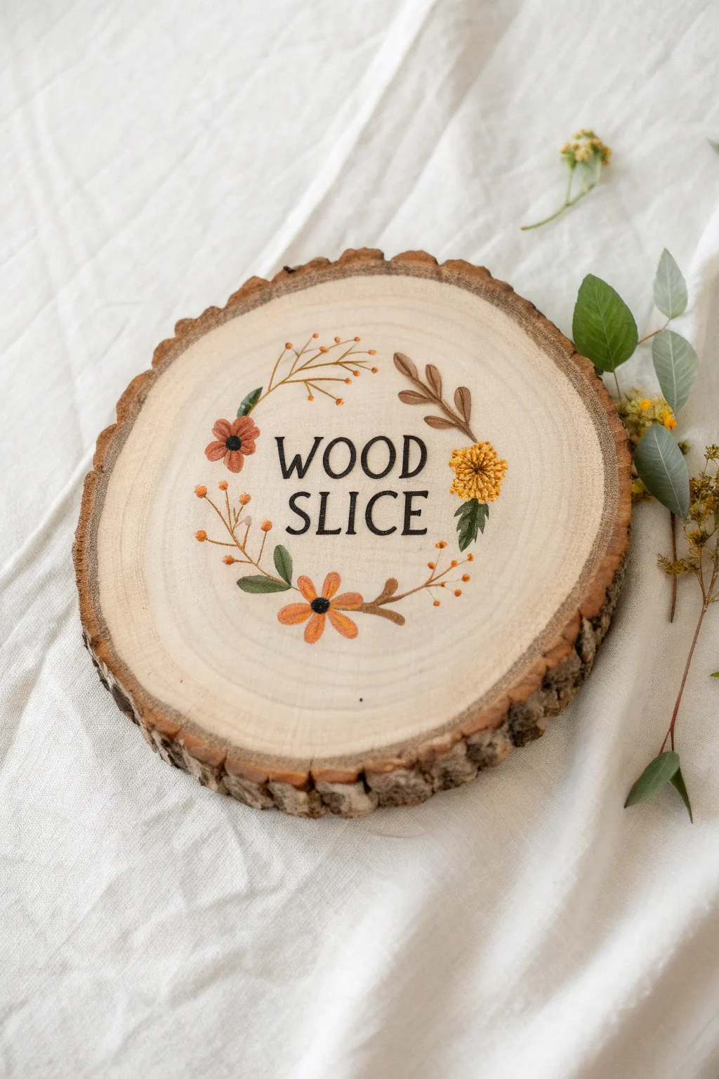 Minimal wood slice quote plaque with bold black lettering and tiny boho botanicals.