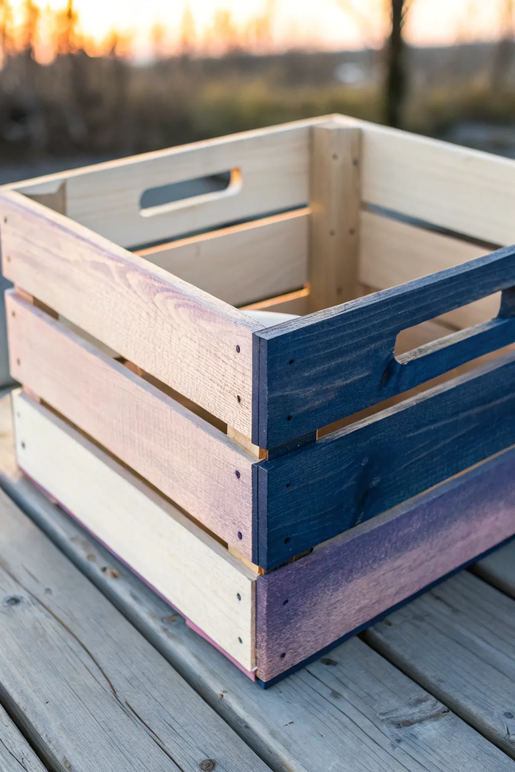 Dreamy ombre wooden crate, dark indigo to soft blush, glowing in gentle window light.