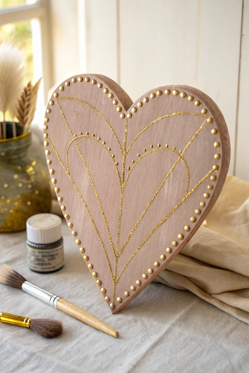 Muted blush wooden heart with glowing gold foil lines, minimalist boho warmth and clean contrast
