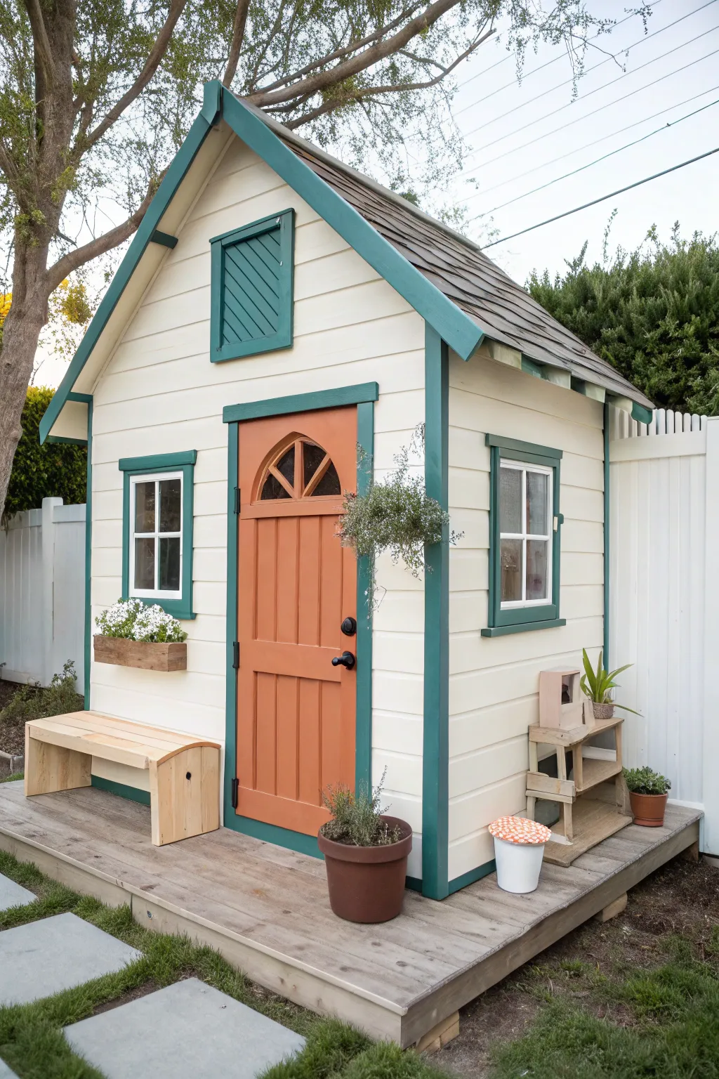 Coordinated paint palette + matching bench, planters, and mailbox box for a polished playhouse