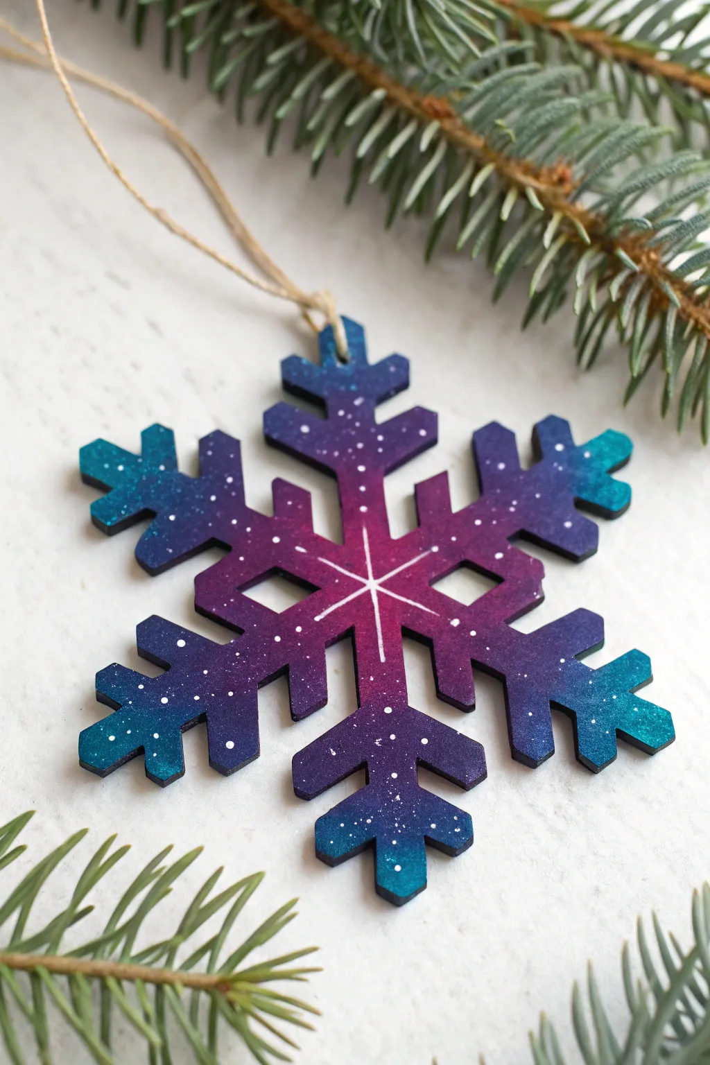 Galaxy night sky snowflake on wood, indigo and violet with crisp speckled star splatter.