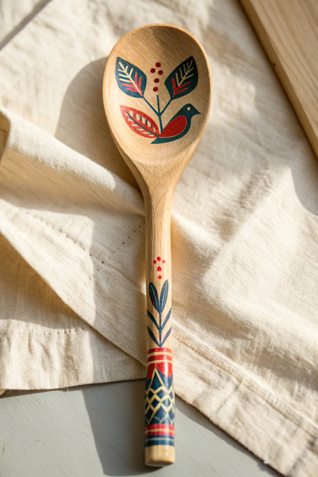 Painted folk bird on a wooden spoon bowl, bold colors on natural wood for a chic minimalist craft.