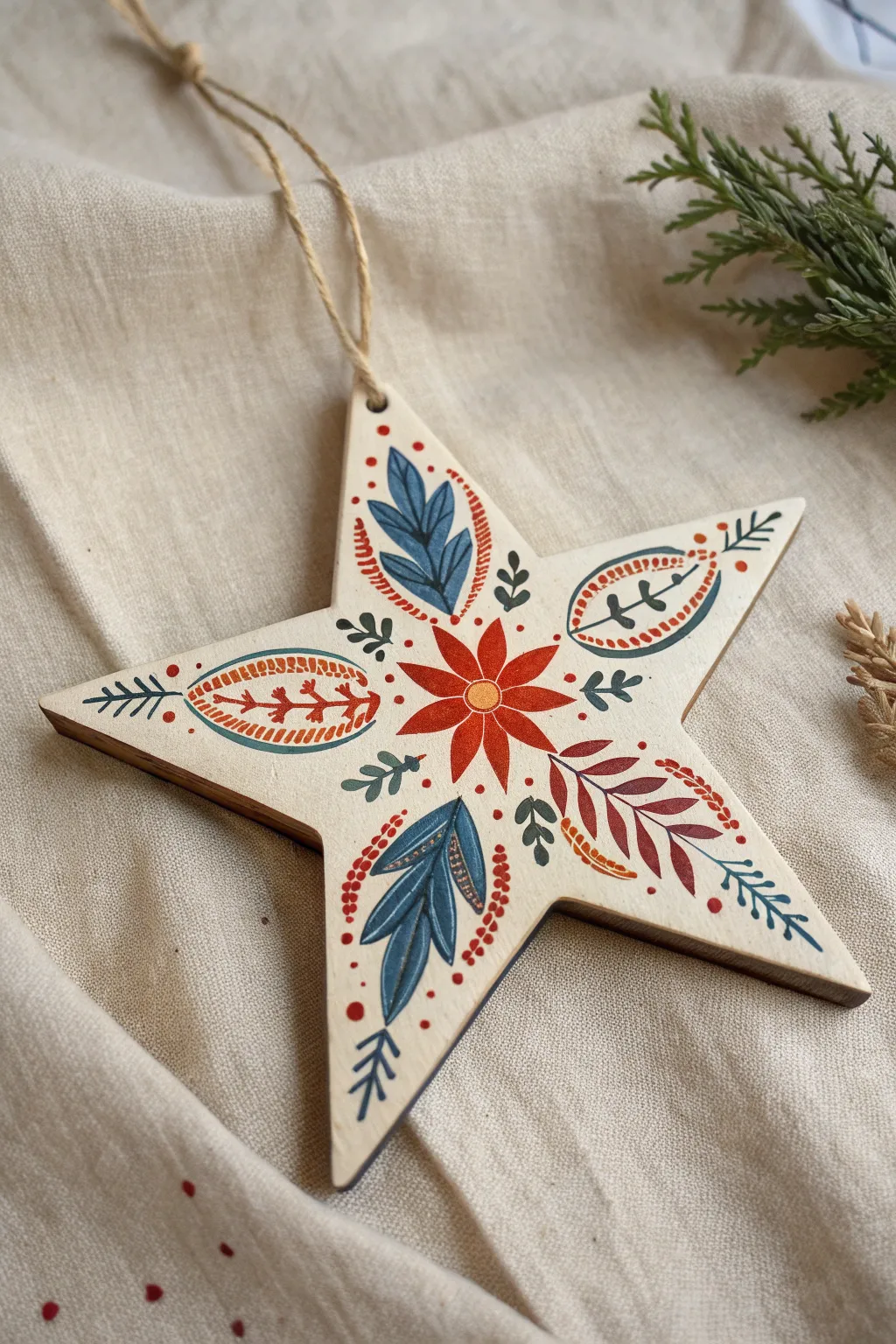 Boho folk florals bloom on a wooden star, bold colors on soft linen for cozy craft charm.