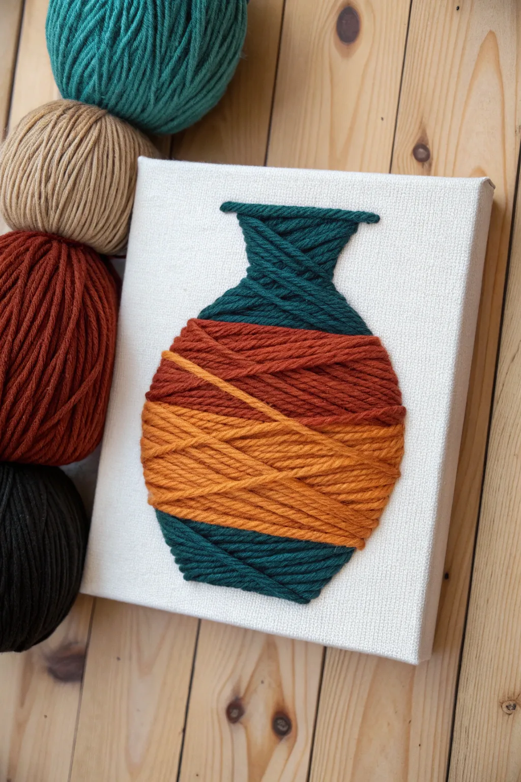 Minimalist yarn painting with bold colors and a crisp negative-space vase silhouette, Pinterest-ready