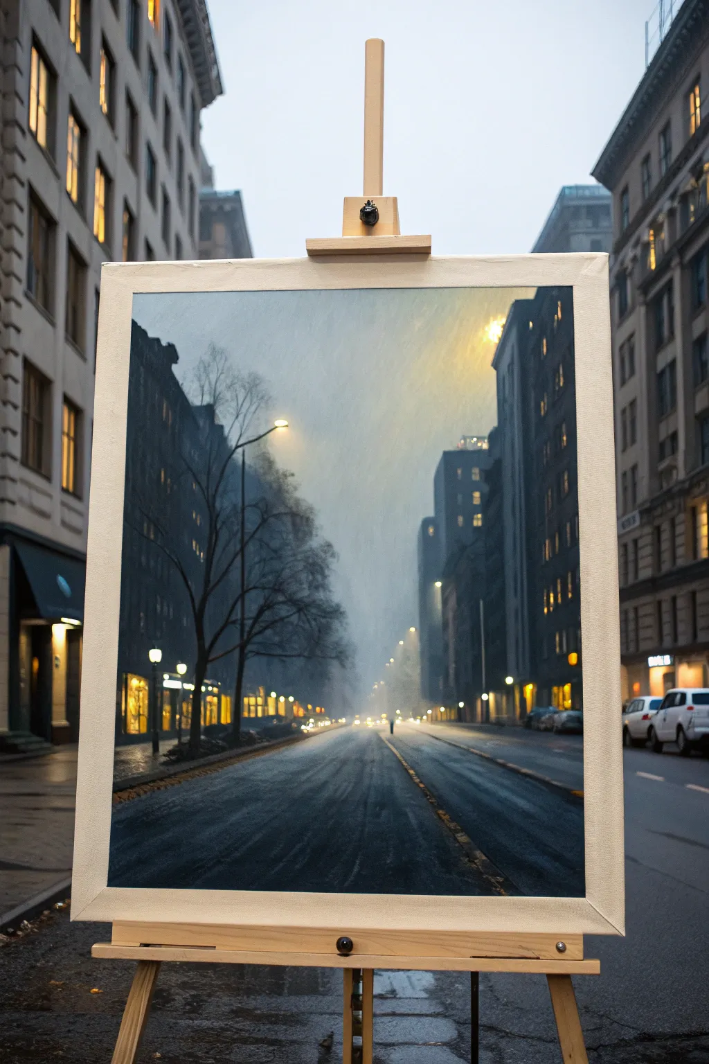 Yellow city lights in mist, a minimalist skyline where soft fog turns streetlights into glowing art