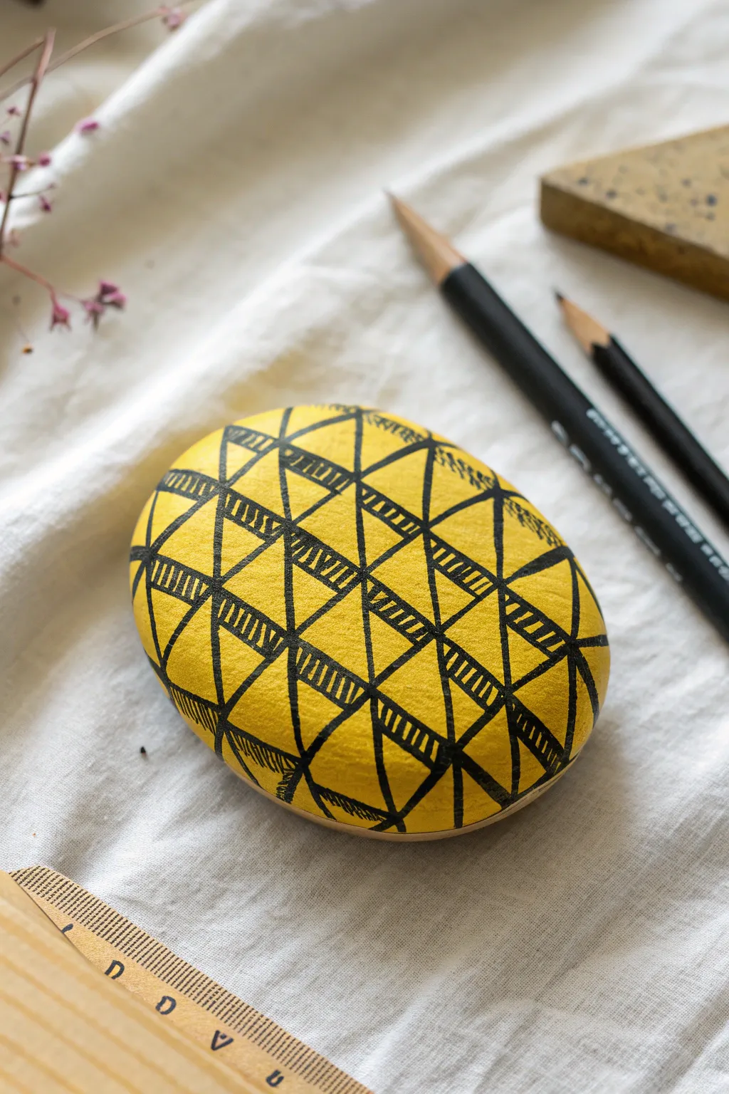 Bold yellow and black geometric rock pattern for a minimalist boho vibe, easy and striking.