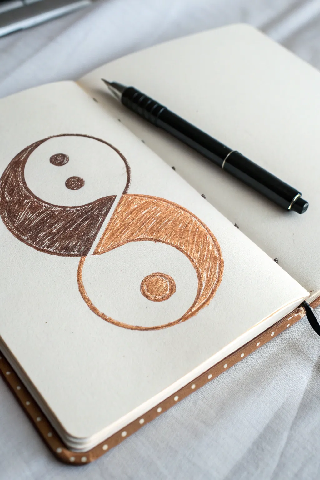 A yin yang formed from abstract lettering strokes, with circle and square dots for a hidden message twist