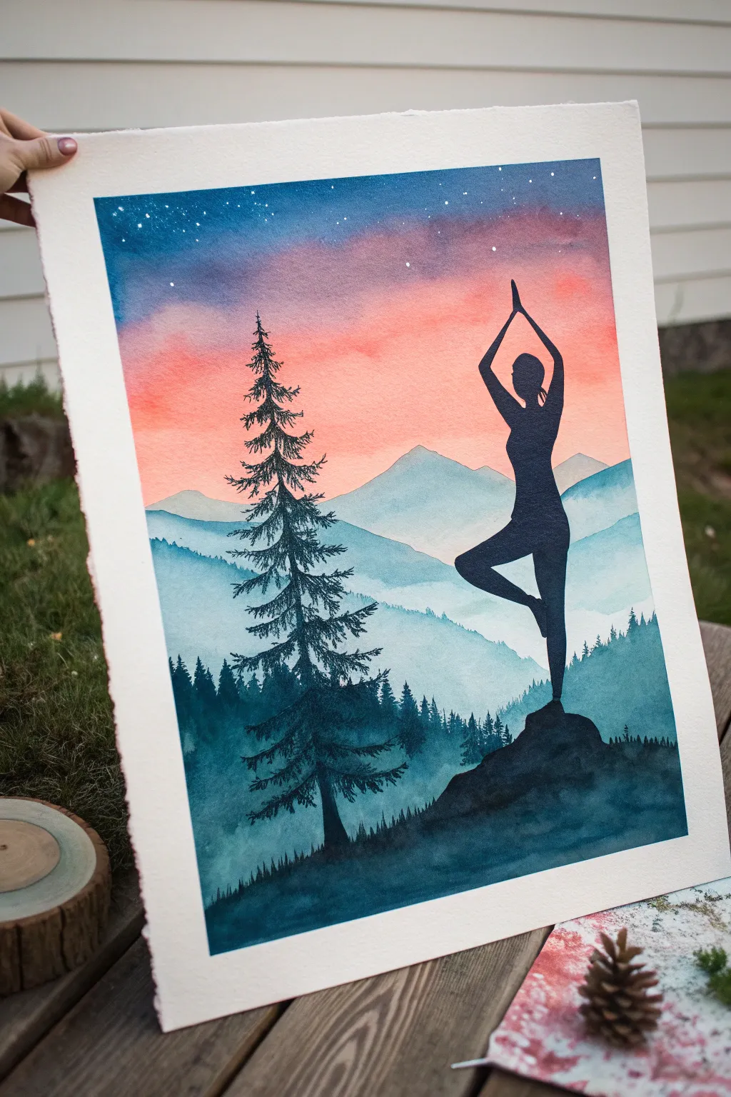 Double exposure yoga silhouette filled with bold mountains for a minimalist boho painting idea
