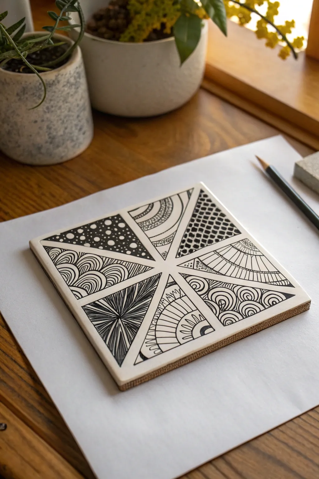 Crisp negative space windows meet dense zentangle detail for instant, high-contrast impact