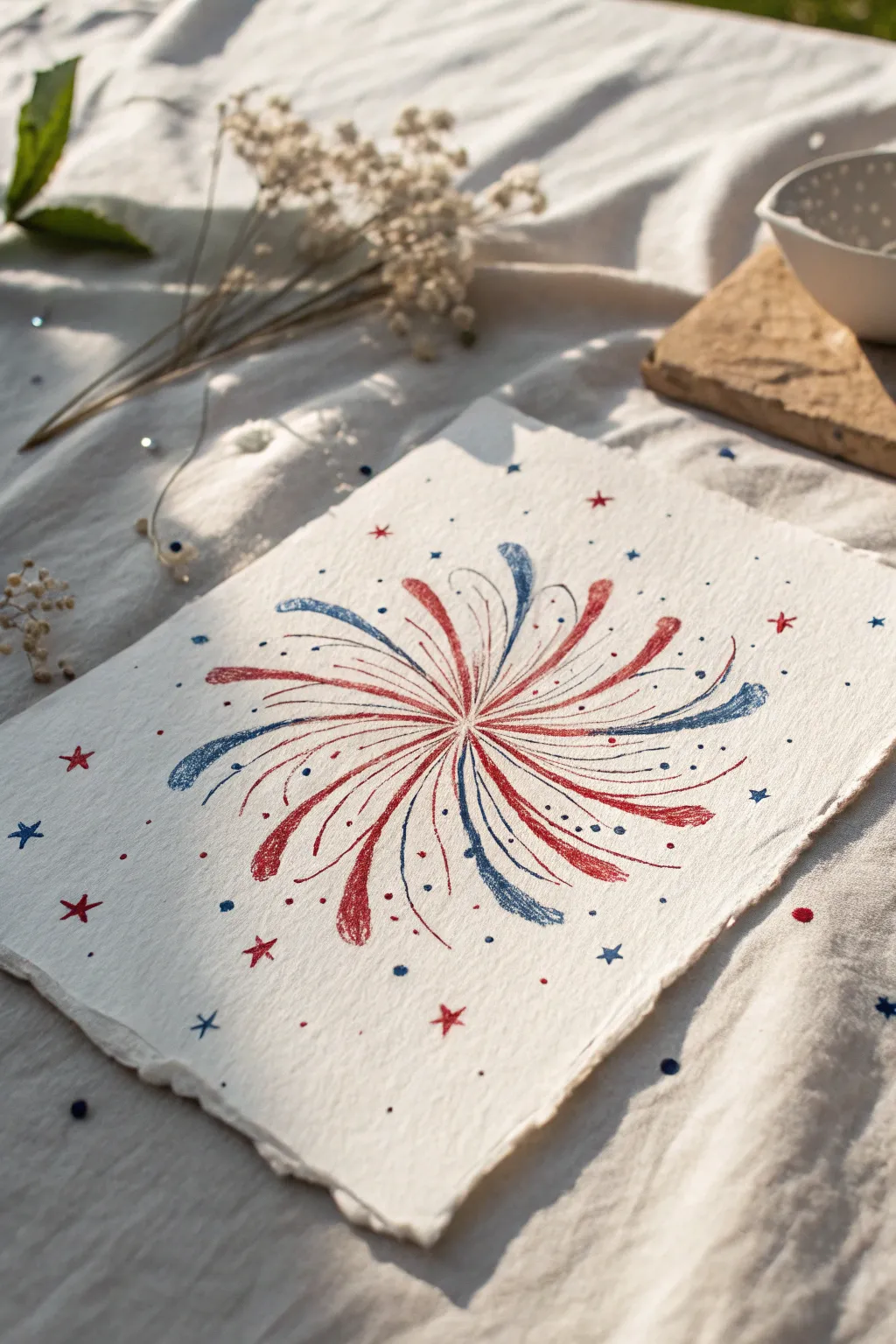 Straw blow-painted red, white, and blue firework burst on clean paper, minimal and bold.