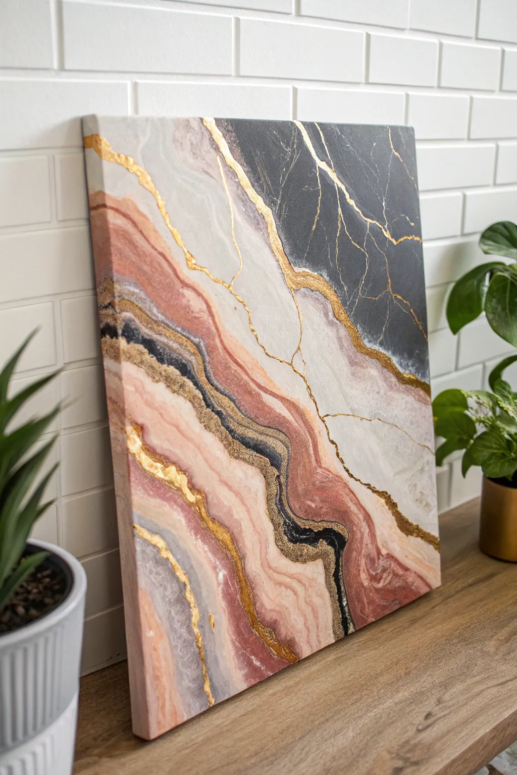 Metallic geode abstract with crackled center and gold veins, glowing in soft angled light