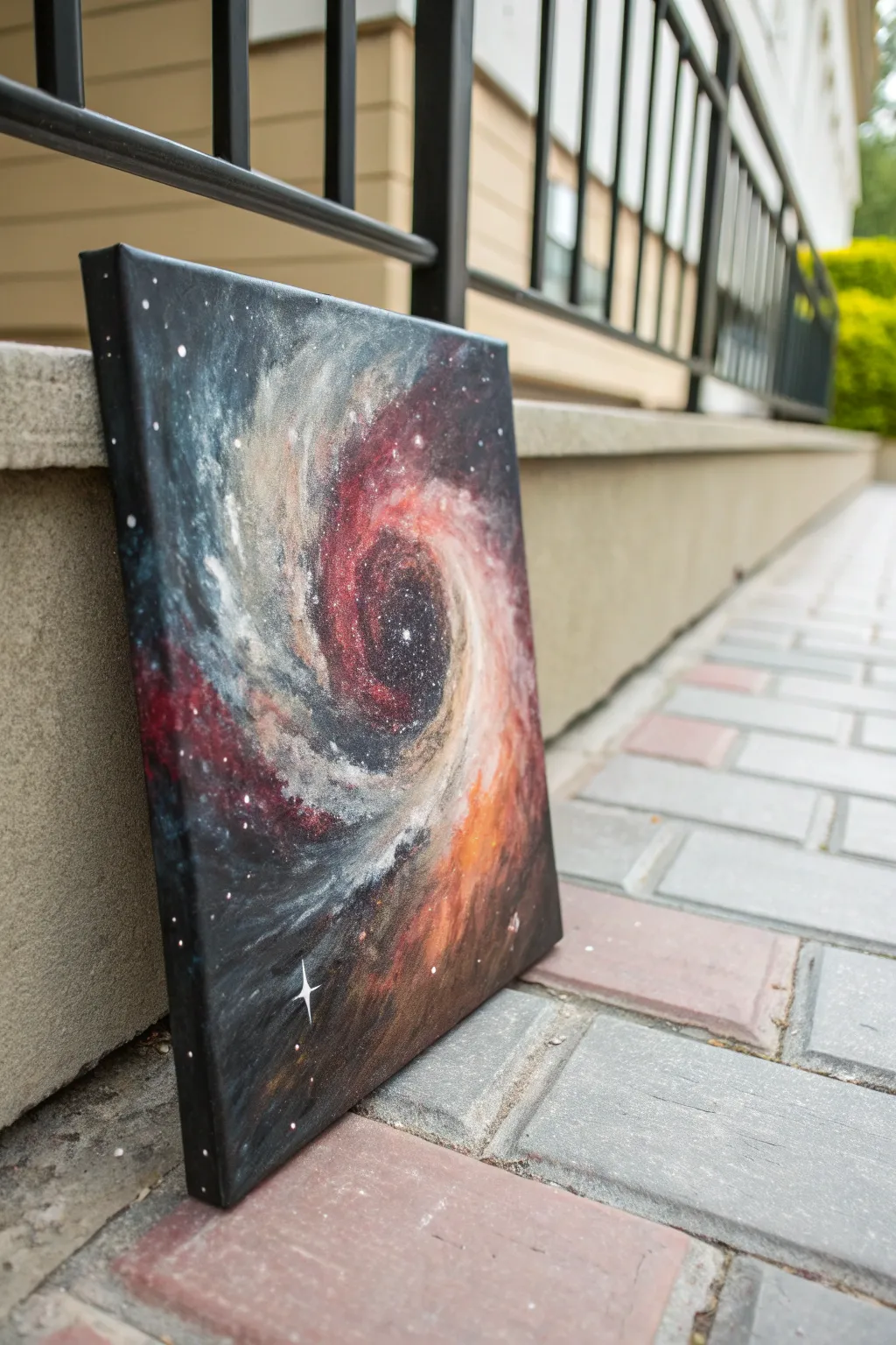 Cosmic acrylic vortex with scraped radiating arcs, high contrast, minimalist Scandinavian boho mood