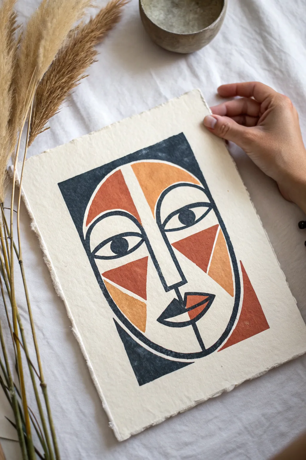 Abstract face made from bold shapes and 5 colors, perfect minimalist-boho art inspiration.