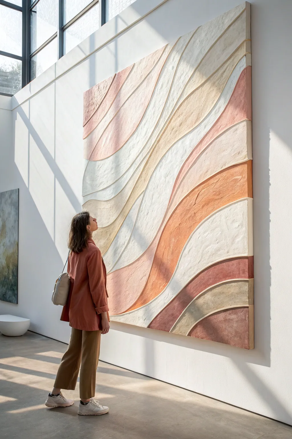 Sculptural palette-knife ribbons in soft boho neutrals, high-contrast texture for an abstract wall hero.