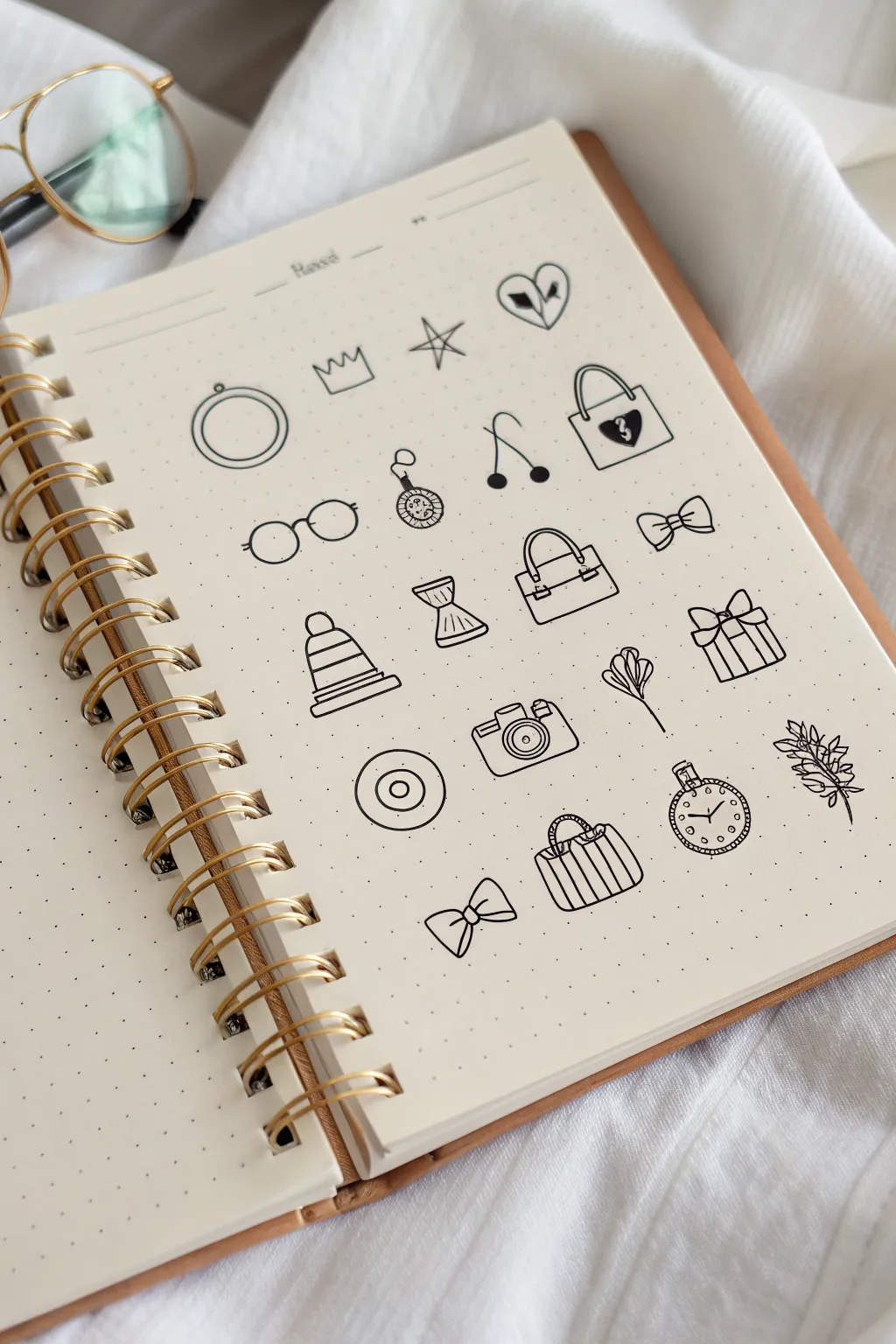 Tiny accessory icons laid out like a minimalist sticker sheet, crisp ink on warm paper.