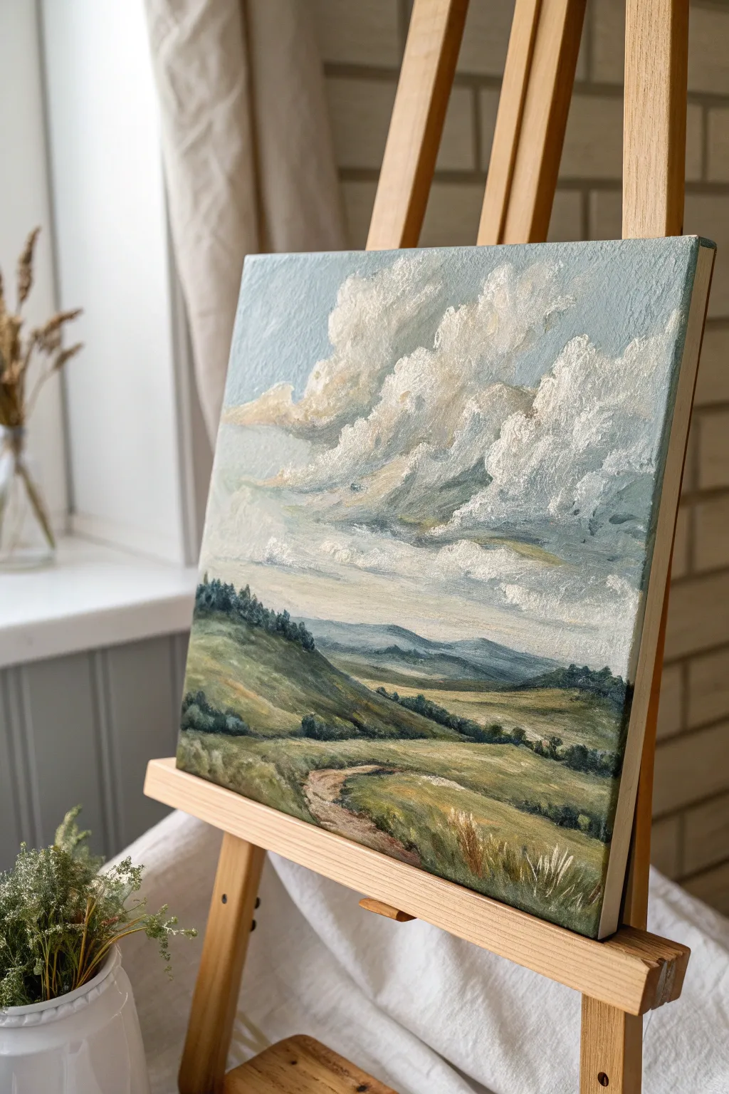 Chunky palette knife acrylic landscape with impasto texture, side-lit for Scandinavian calm.