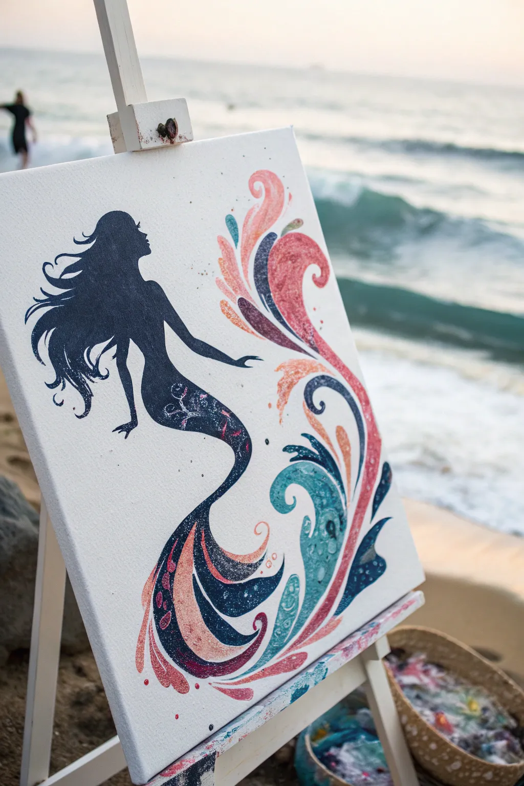 Abstract mermaid acrylic swirls in soft boho tones, a minimalist Scandinavian canvas idea.
