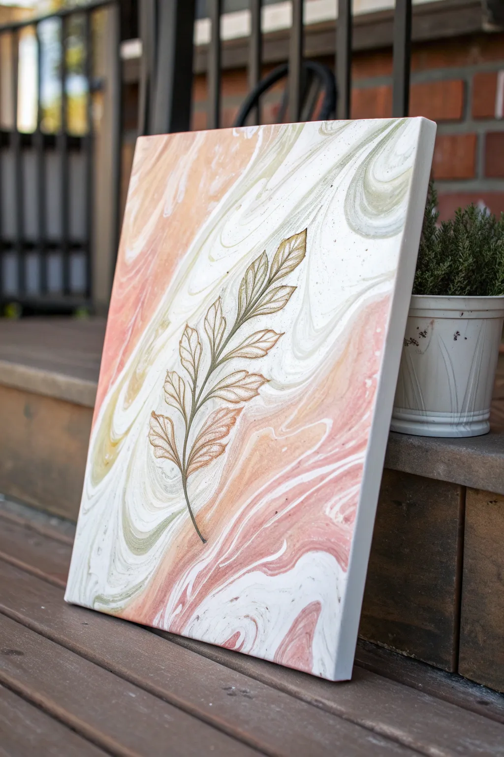 Fluid acrylic marble swirls in blush and sage, topped with simple black line art for contrast