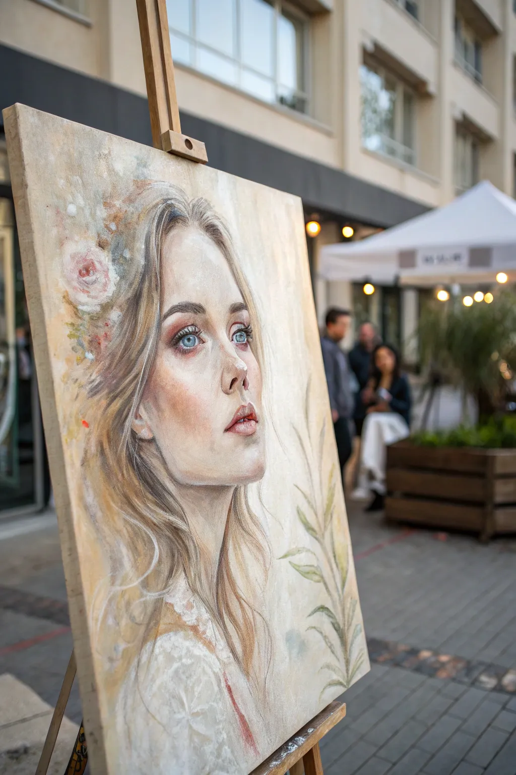 Dreamy double exposure acrylic portrait with translucent abstract overlays and modern boho calm