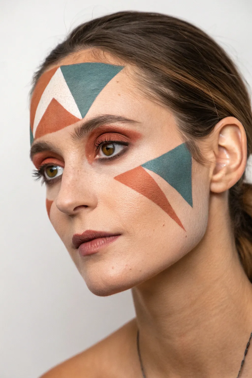 Modern geometric color block face paint with crisp edges, minimalist palette, bold contrast