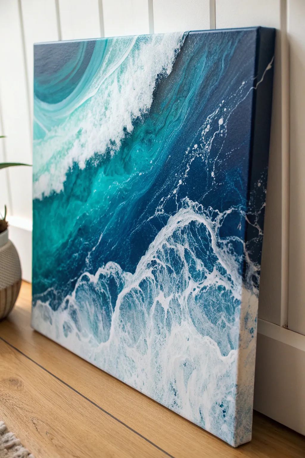 Intentional fluid acrylic wave with a controlled swipe, crisp contours, and airy white lacing