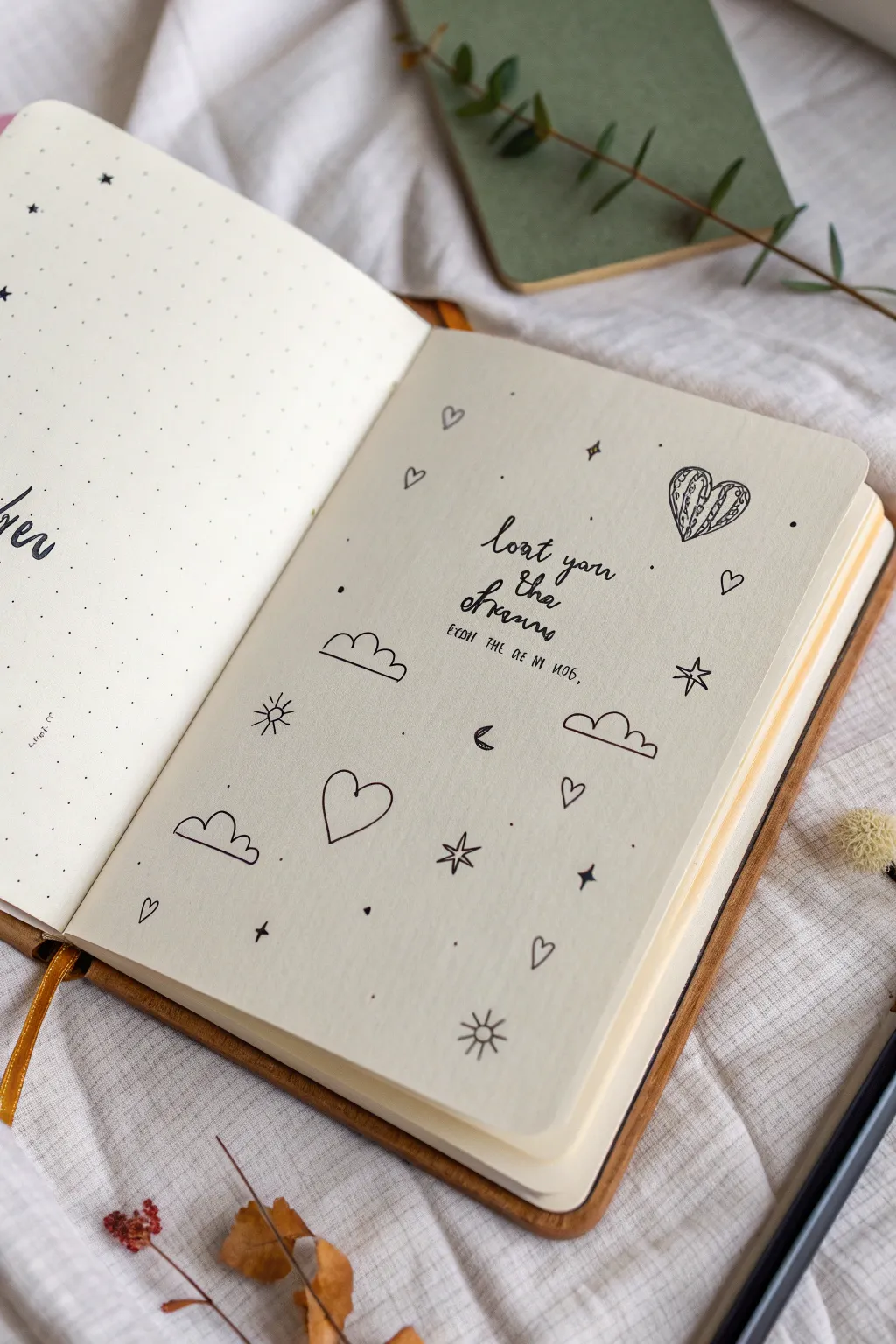 Minimal sketchbook hand lettering with tiny icons, soft boho neutrals, clean high contrast