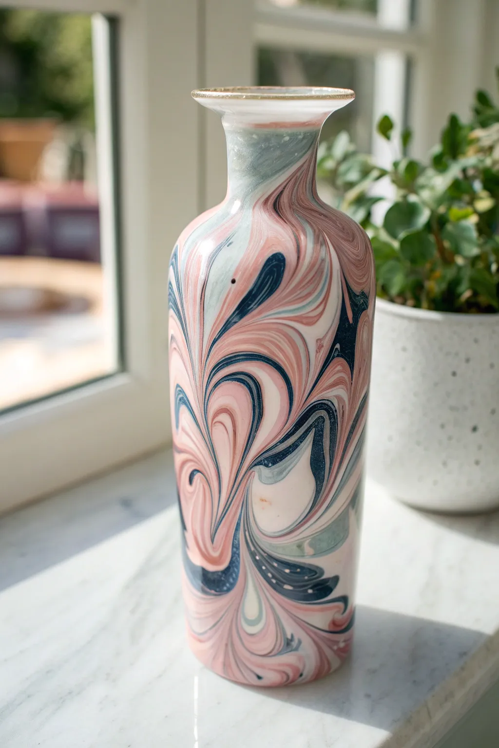 Hydro-dipped marble swirls on glass for a minimalist, boho-leaning vase painting idea.