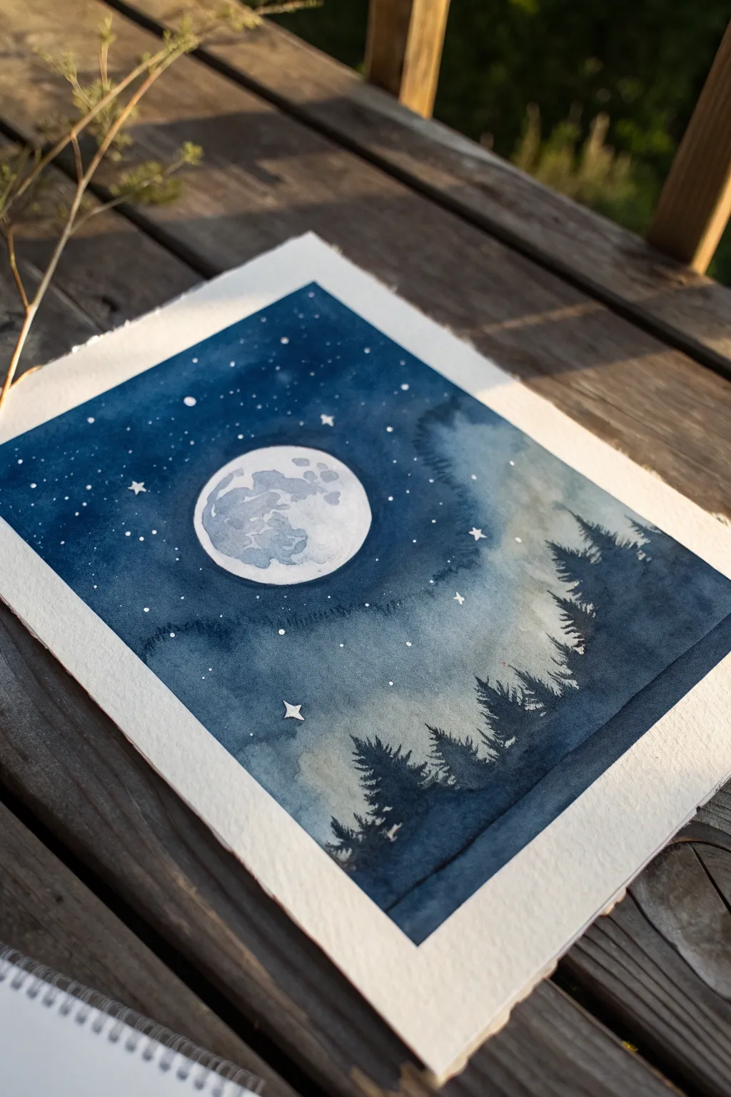 Moody negative space night sky watercolor with one crisp bright moon and tiny stars