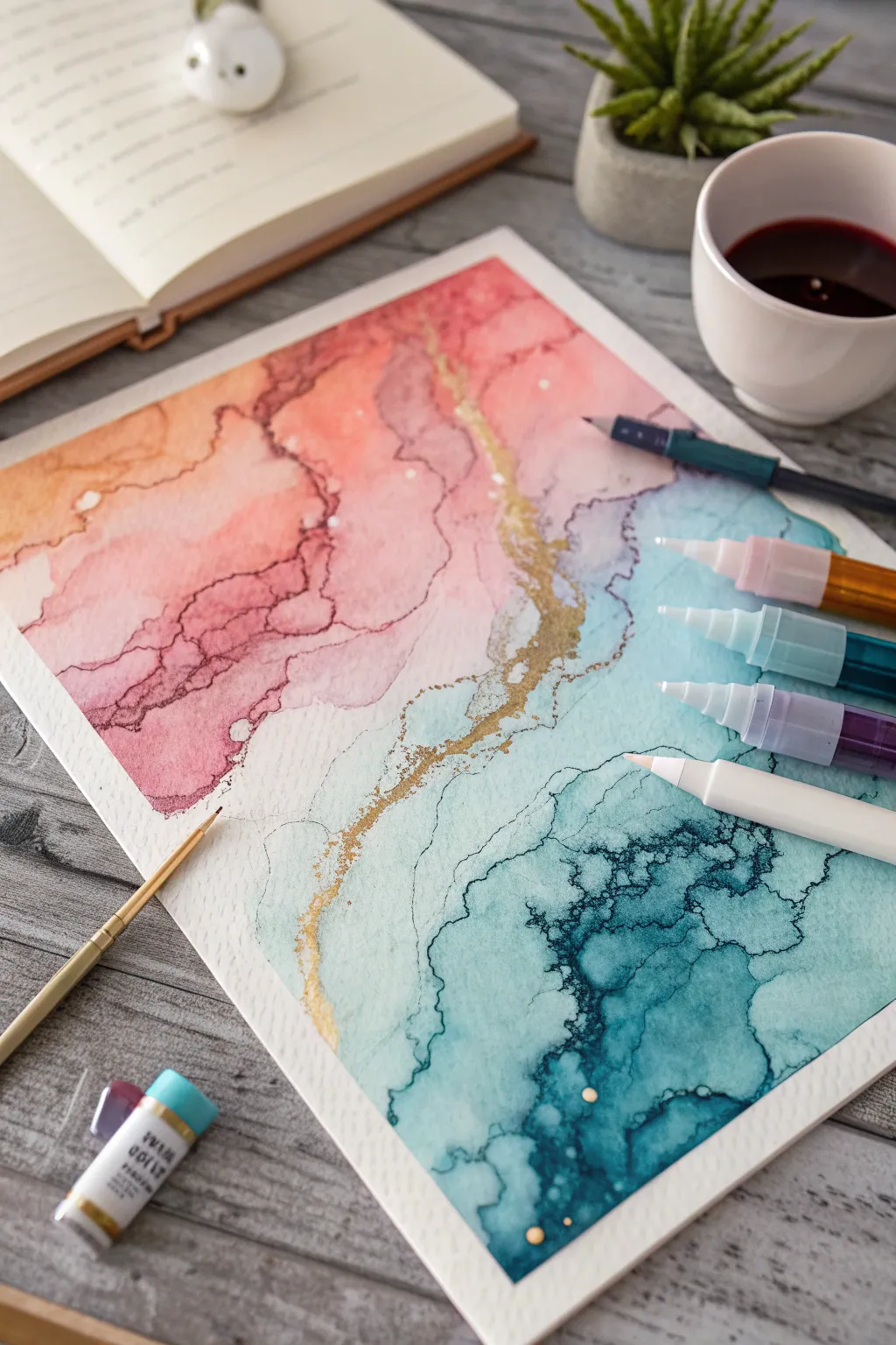 A dreamy alcohol ink wash with a hidden storybook creature drawn in fine lines