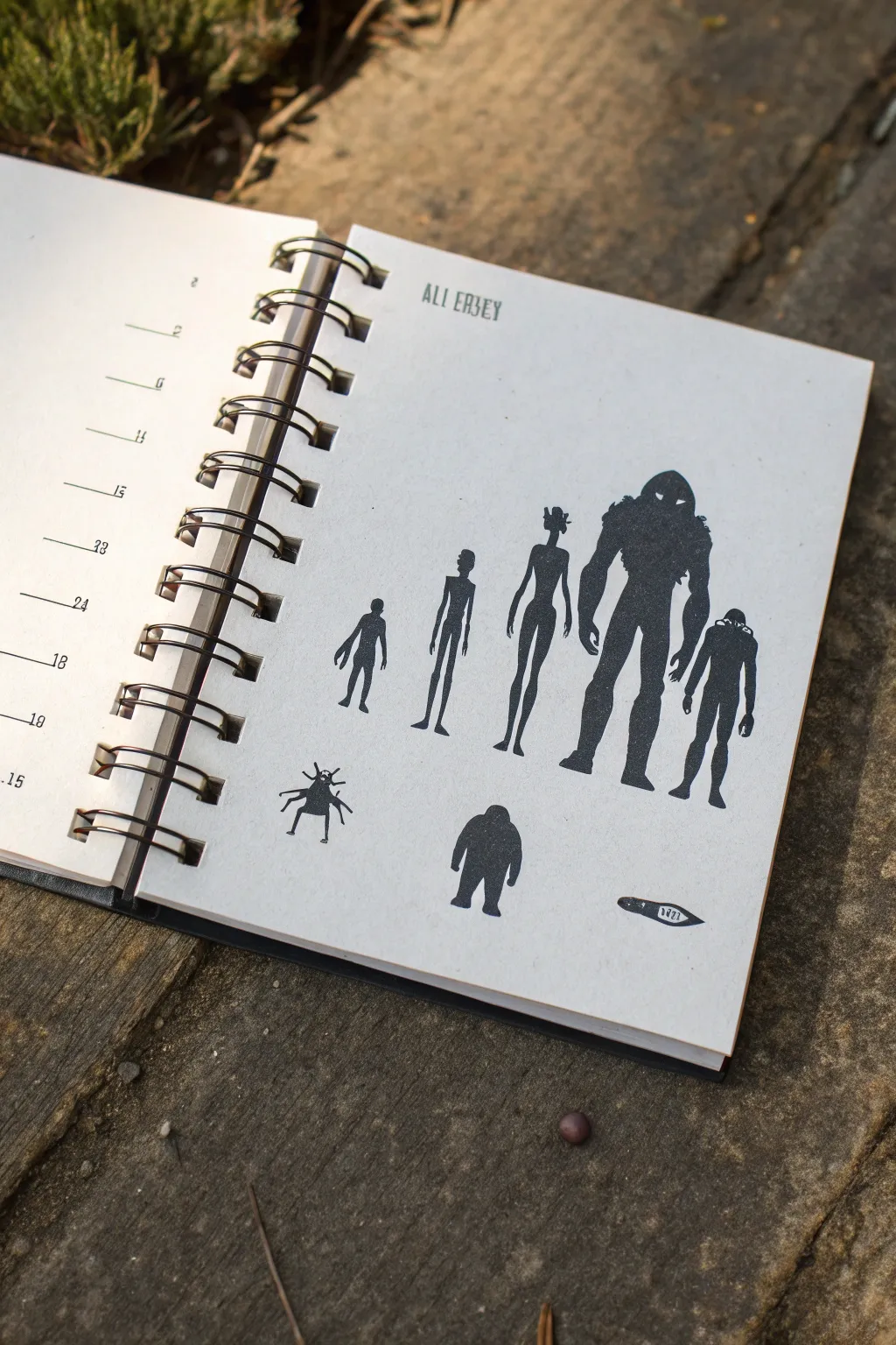 Minimal alien scale lineup silhouette study for ecosystem hierarchy, crafted in clean Scandinavian style