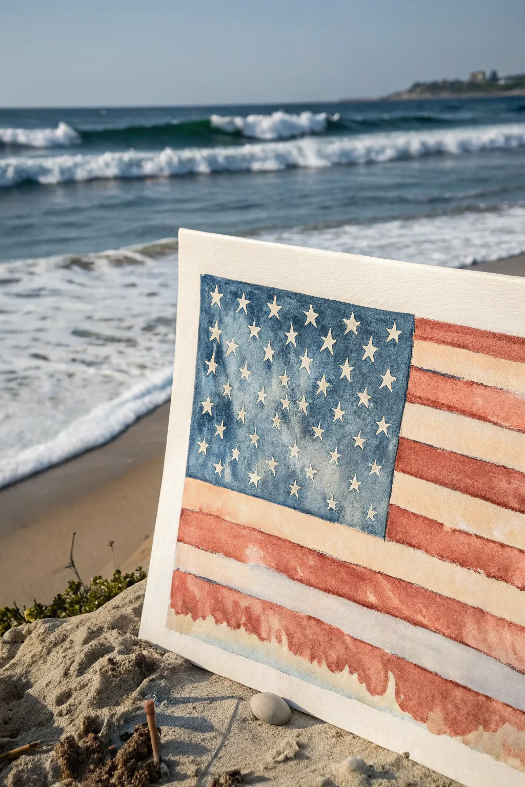 Coastal American flag painting: muted indigo, terracotta, and sea-foam ocean stripes