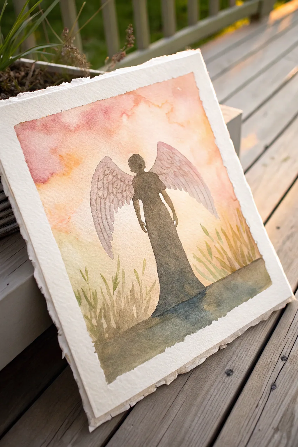 Negative space angel glowing from within, minimalist watercolor gradient for serene inspiration.