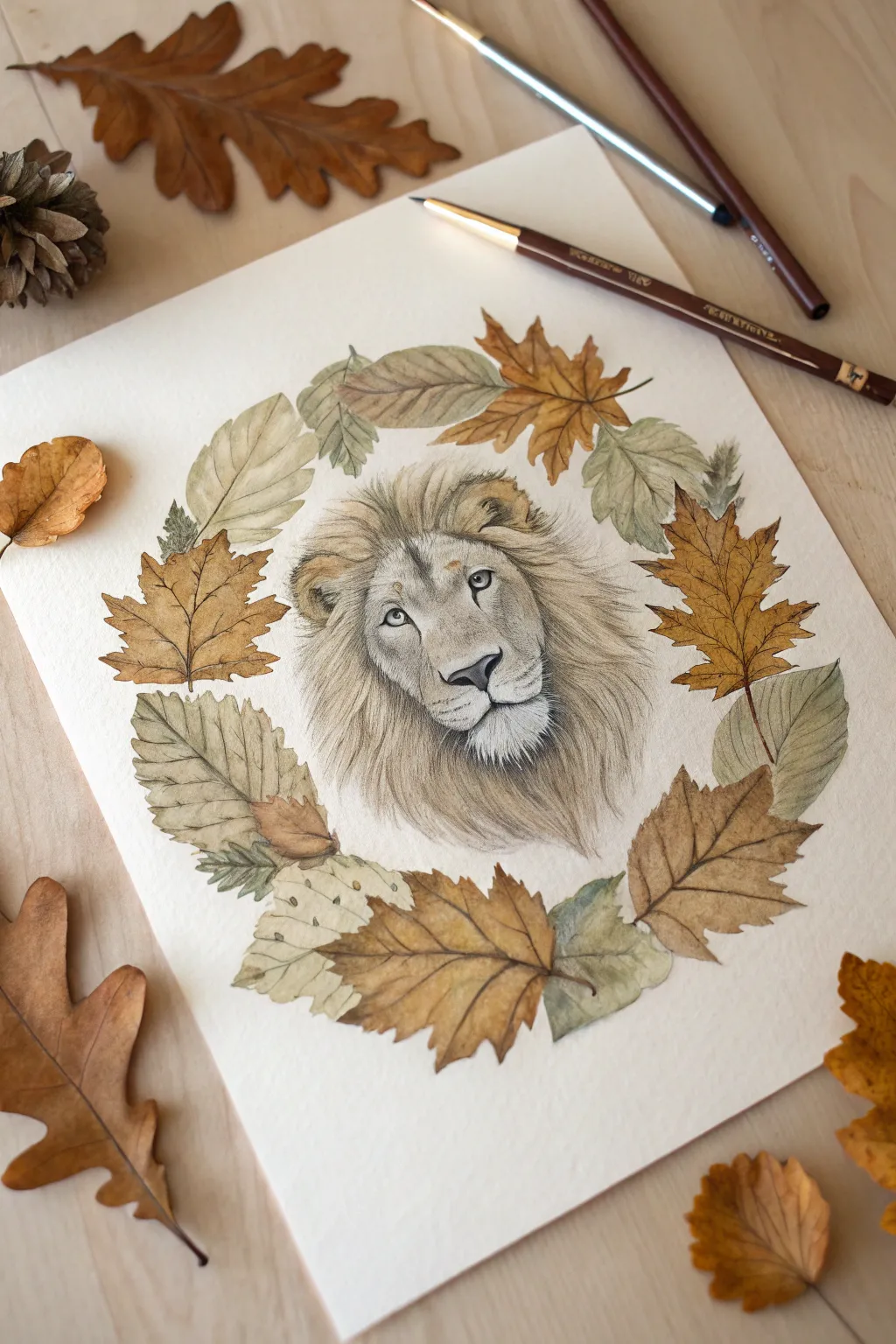 Leaf-mane lion mixed media: pencil portrait framed by real dried leaves for soft boho drama