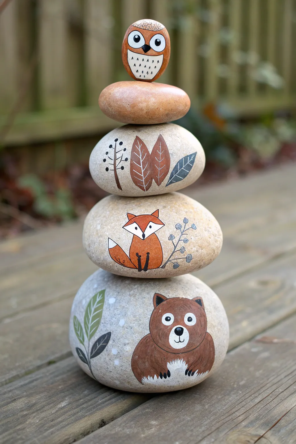 Stacked animal totem rock: owl, fox, bear — plus two simple companions for inspiration