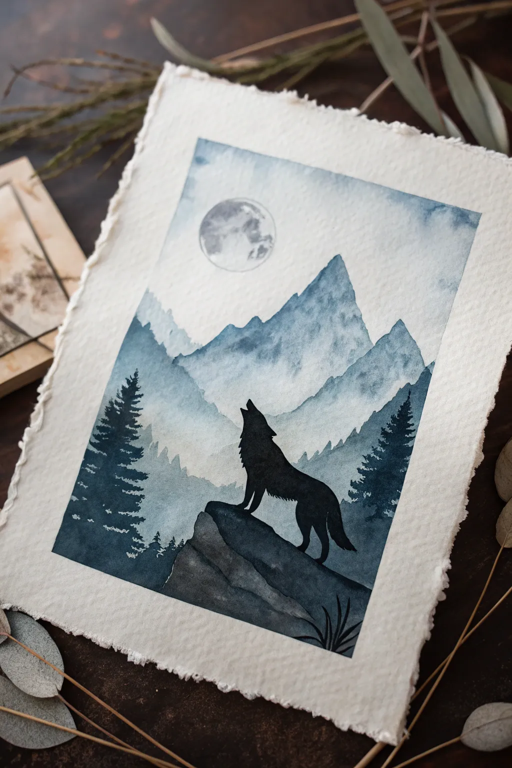 Moody wolf silhouette filled with mountain layers and a pale moon in cool minimalist blues