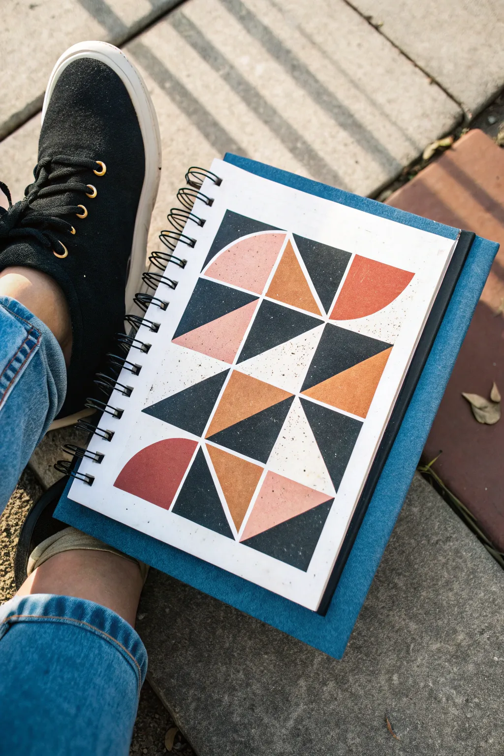 Abstract geometric character study with bold color blocks, all neatly contained in a blue frame