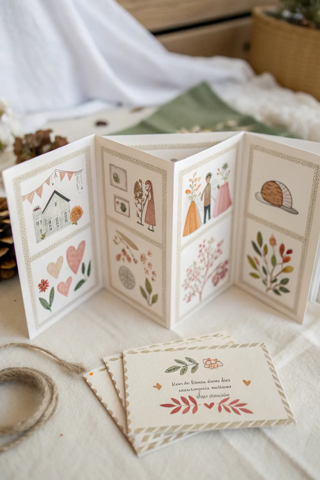 Accordion fold mini love zine with illustrated milestones, minimalist boho palette and crisp contrast