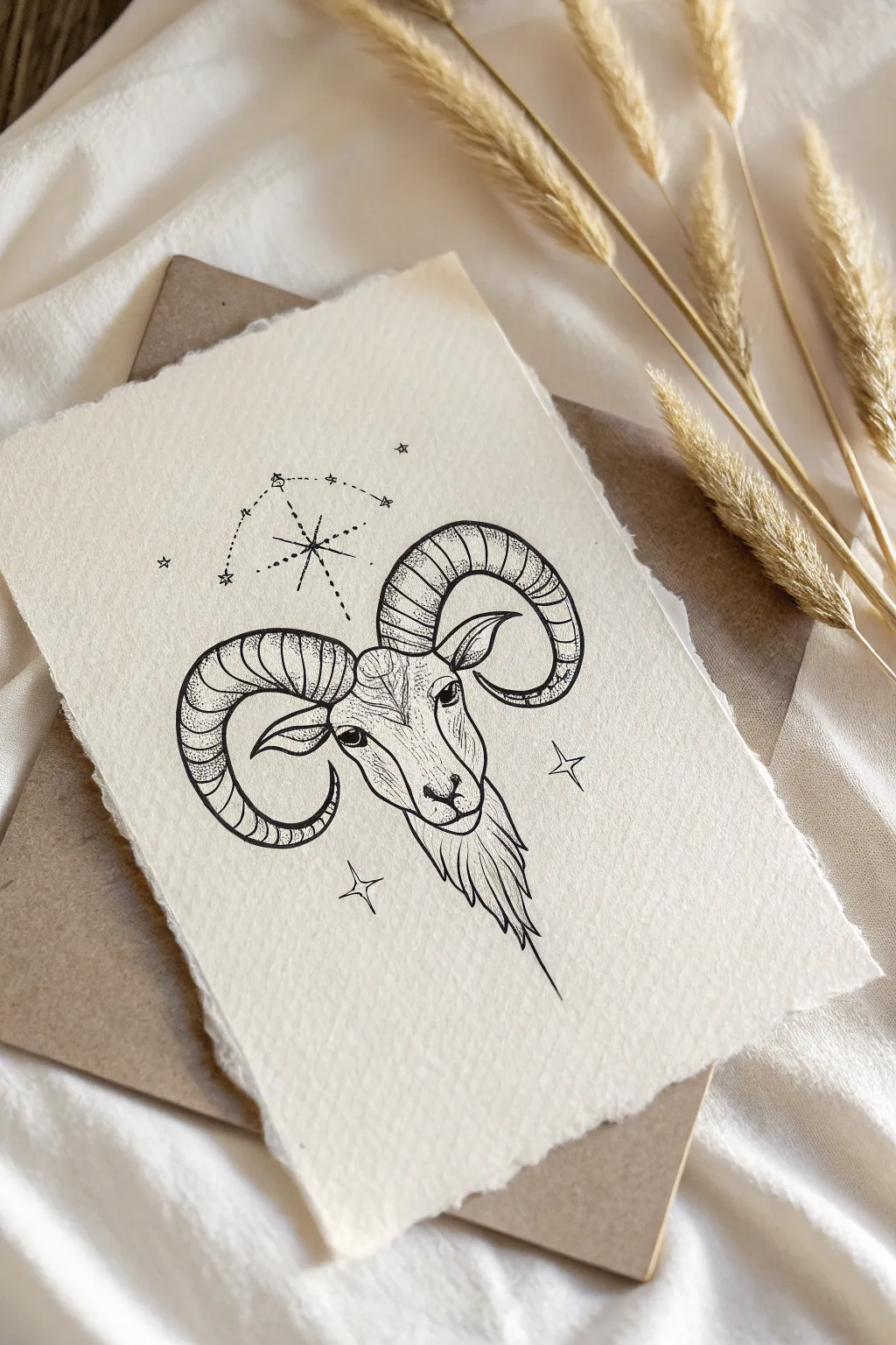 Minimal Aries ram sketch with constellation inside the horns, clean Scandinavian boho vibe