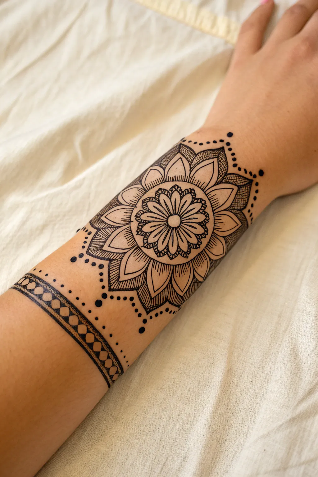 Easy mandala wrist cuff: simple petals and dots for a clean, minimal boho arm painting look