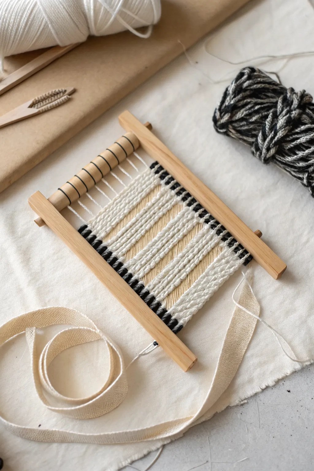 Simple yarn-wrapped mini loom with natural textures, perfect for an easy art club weaving activity.