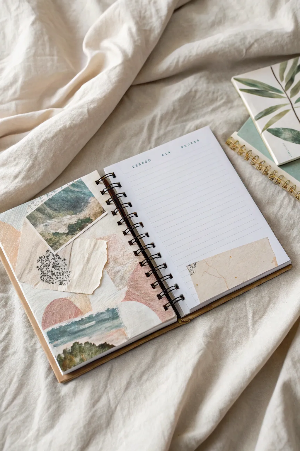 Dreamy art journal spread with surreal collage, hazy paint layers, and wordless scribble notes