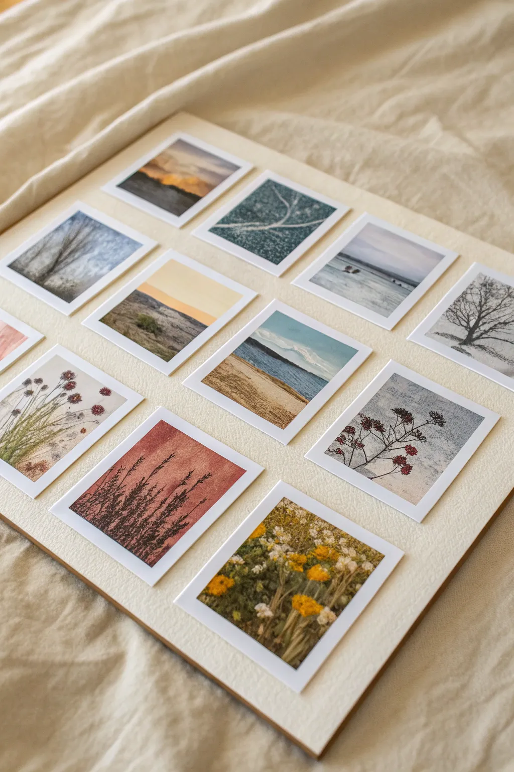 Nine monochrome ATCs in a tidy 3x3 grid, each color family explored with rich handmade texture.