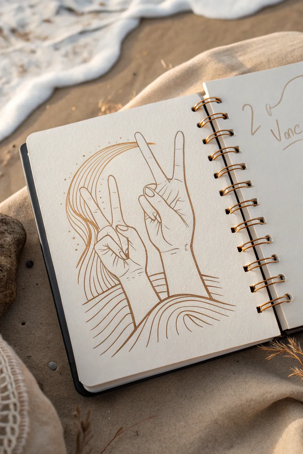 Minimal ASL hands sketch with flowing voice waves, a calm boho-scandi drawing idea