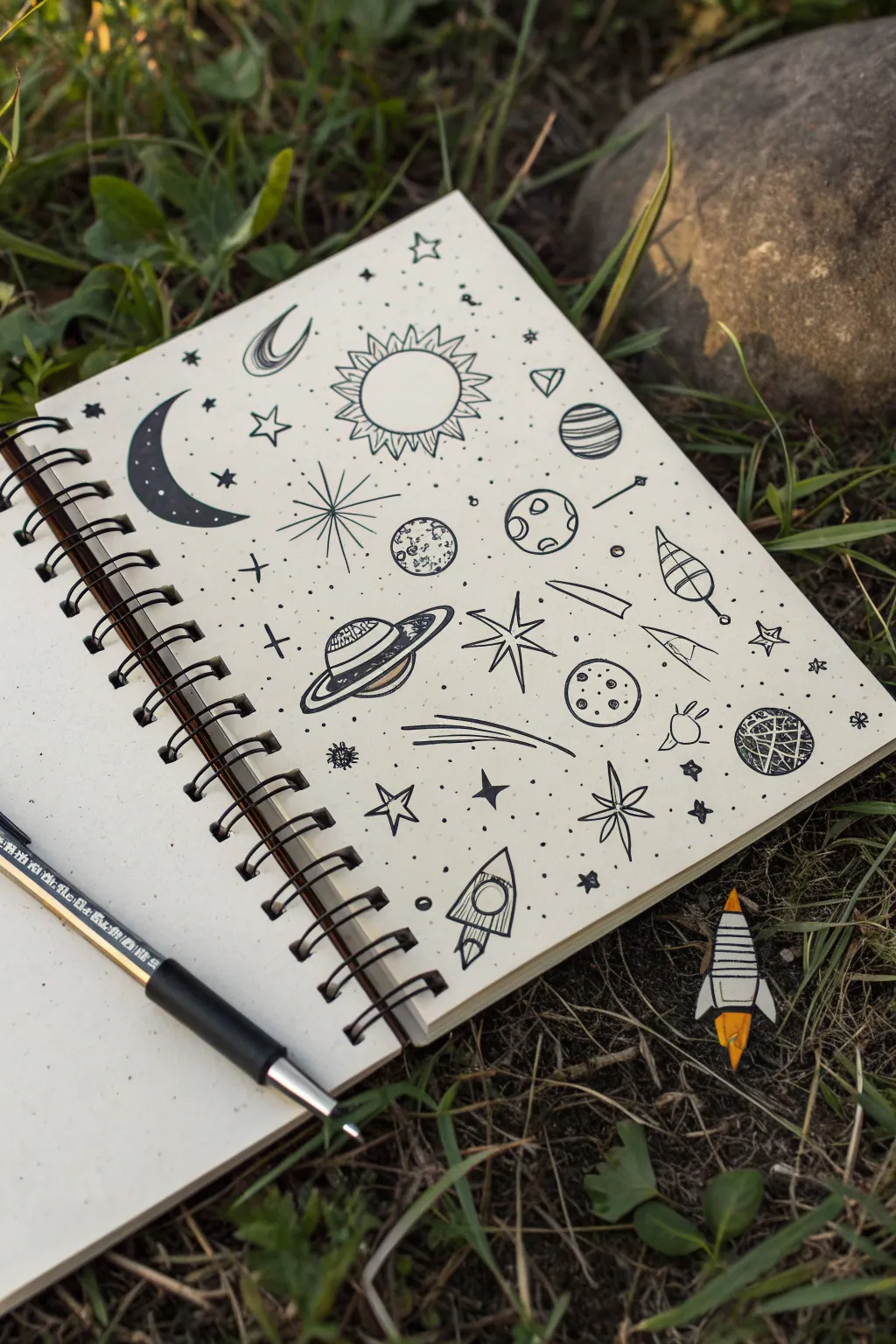 Playful astronomy symbol doodle collage on a clean sketchbook page in soft boho neutrals
