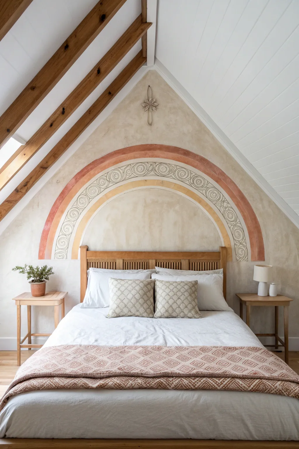 Soft terracotta arch on a white gable wall, a calm focal point for attic bedrooms