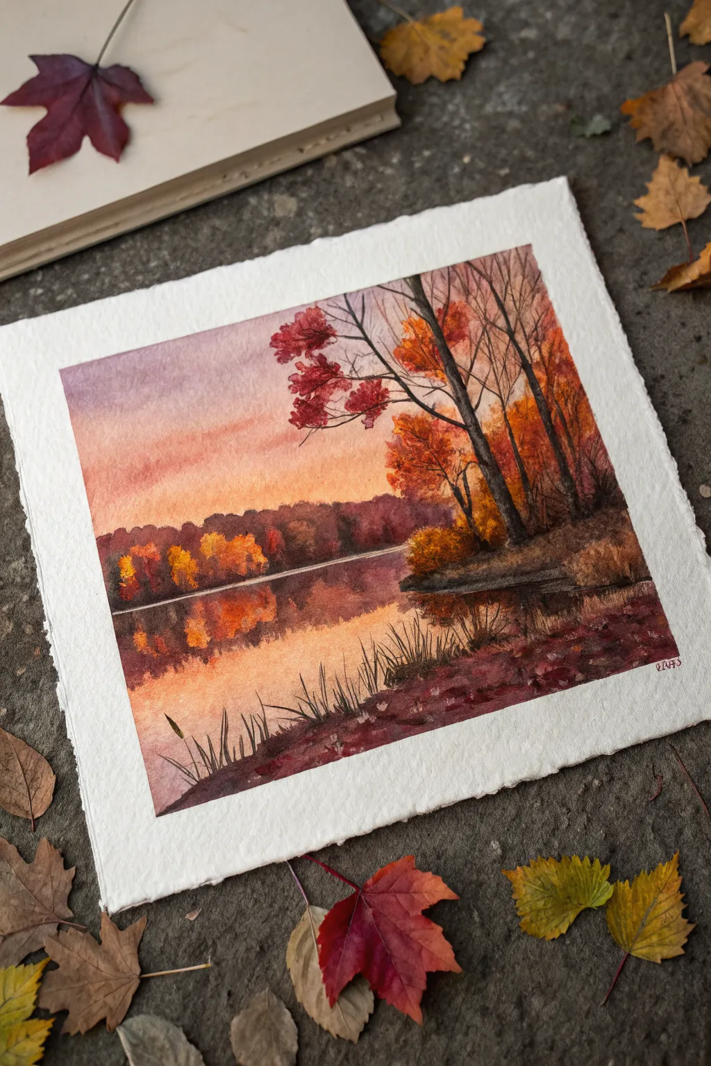Semi-abstract autumn color blocks with calm mirrored reflections and a clean, minimalist horizon