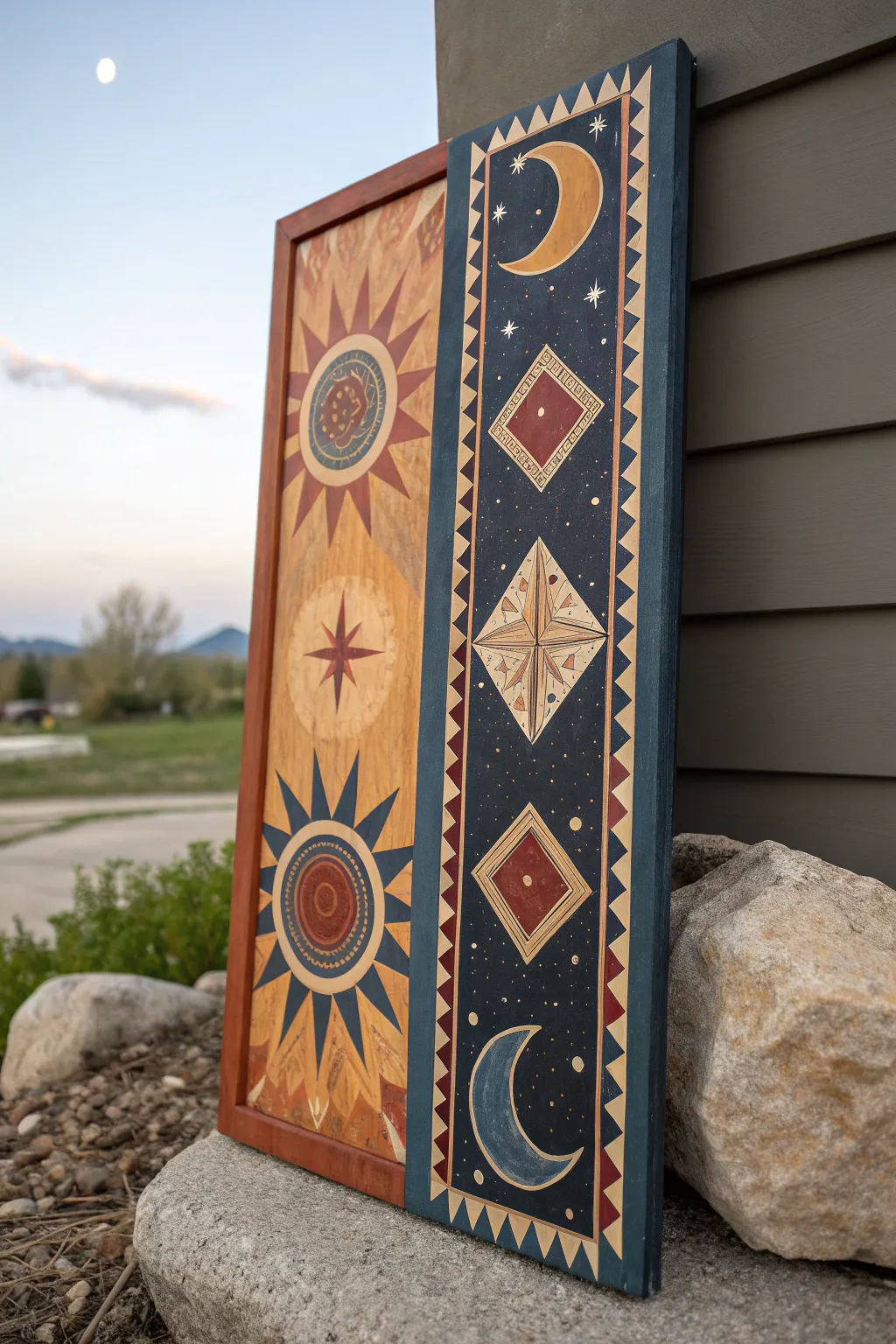 Night-and-day Aztec duality panel with bold geometry, warm sun hues, and deep indigo night